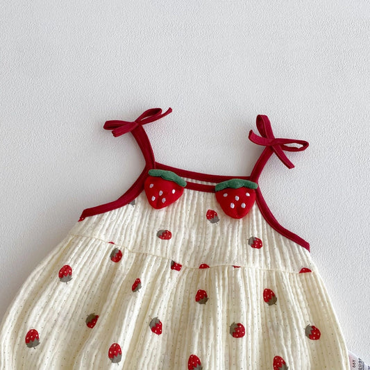 Baby Girls Strawberry Waffle Romper Red Bow Straps
