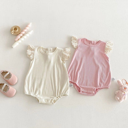 Baby Girl Sleeveless Bodysuit White Pink Lace Ruffle Sleeves