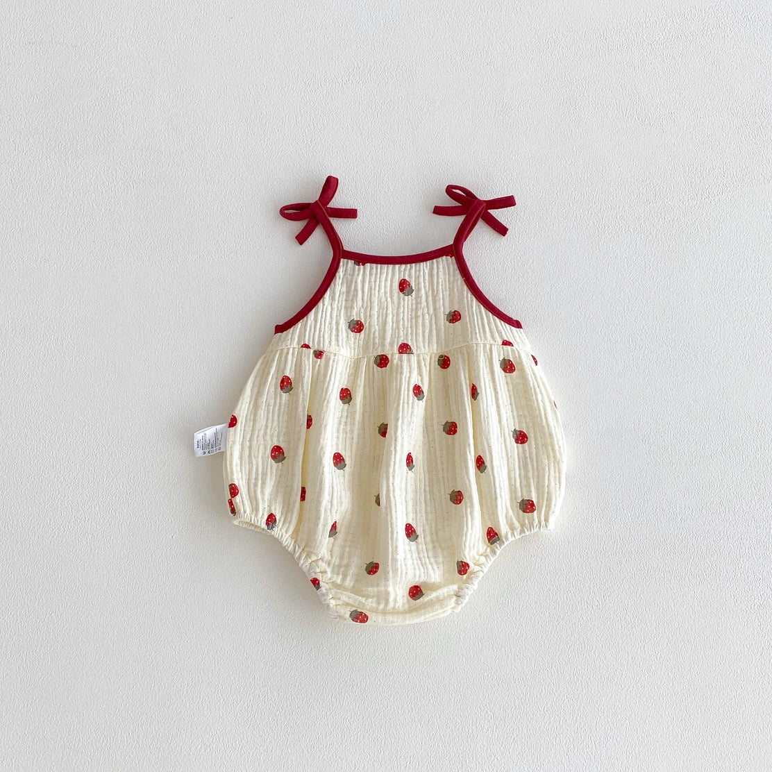 Baby Girls Strawberry Waffle Romper Red Bow Straps