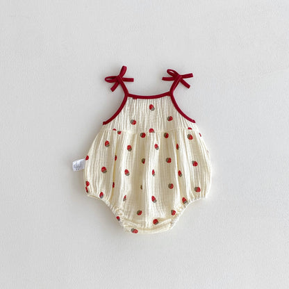 Baby Girls Strawberry Waffle Romper Red Bow Straps