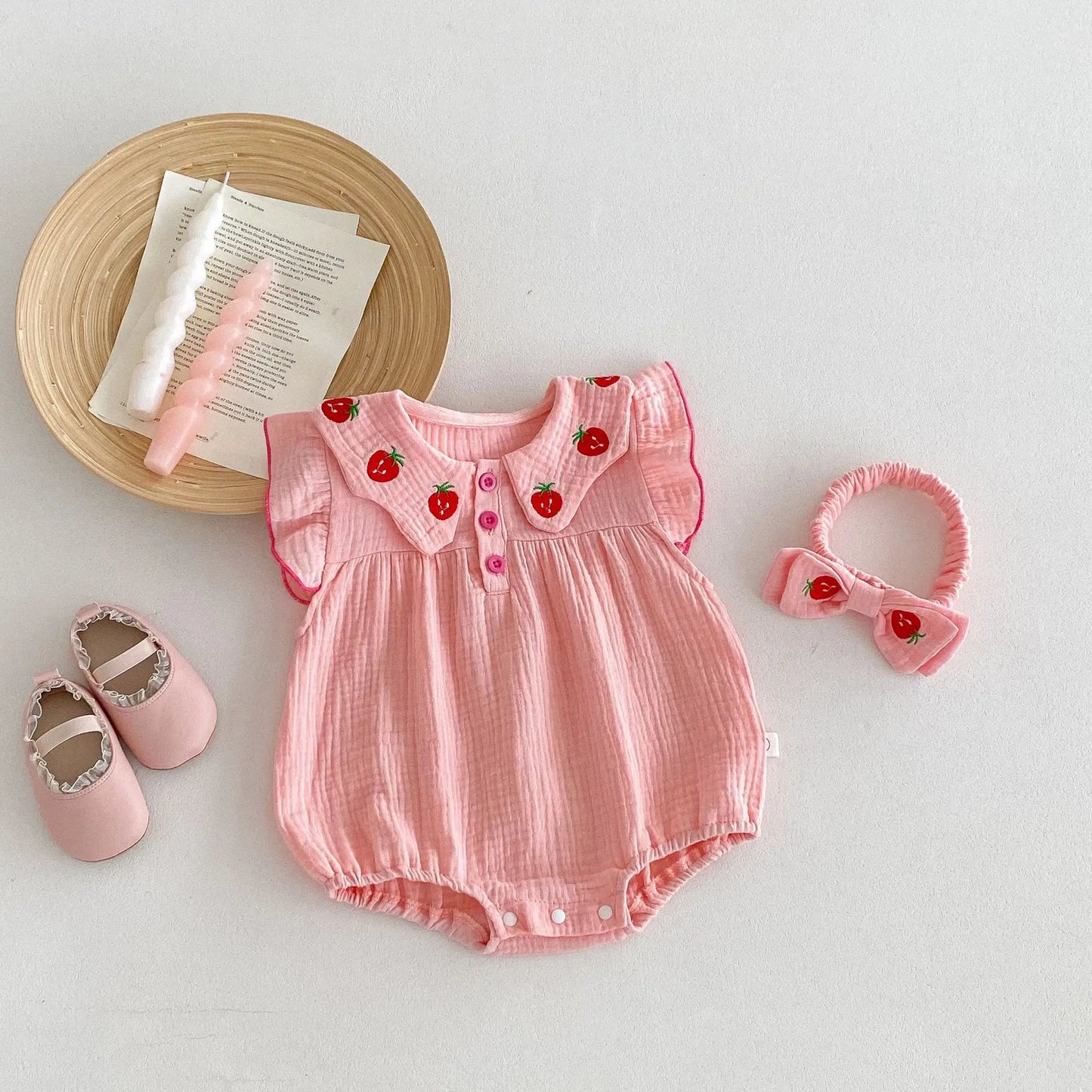 Baby Strawberry Collar Romper with Headband