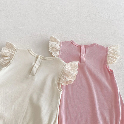 Baby Girl Sleeveless Bodysuit White Pink Lace Ruffle Sleeves