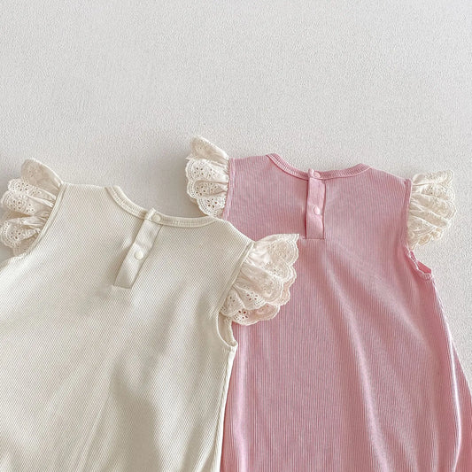 Baby Girl Sleeveless Bodysuit White Pink Lace Ruffle Sleeves