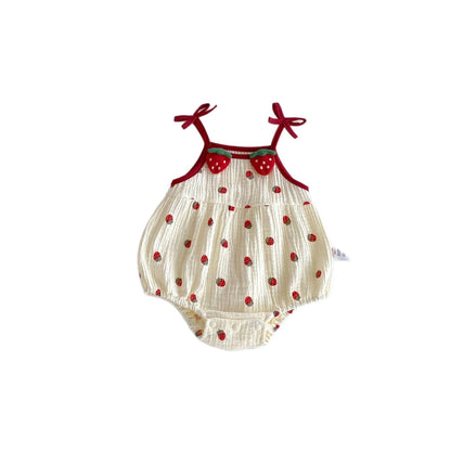 Baby Girls Strawberry Waffle Romper Red Bow Straps