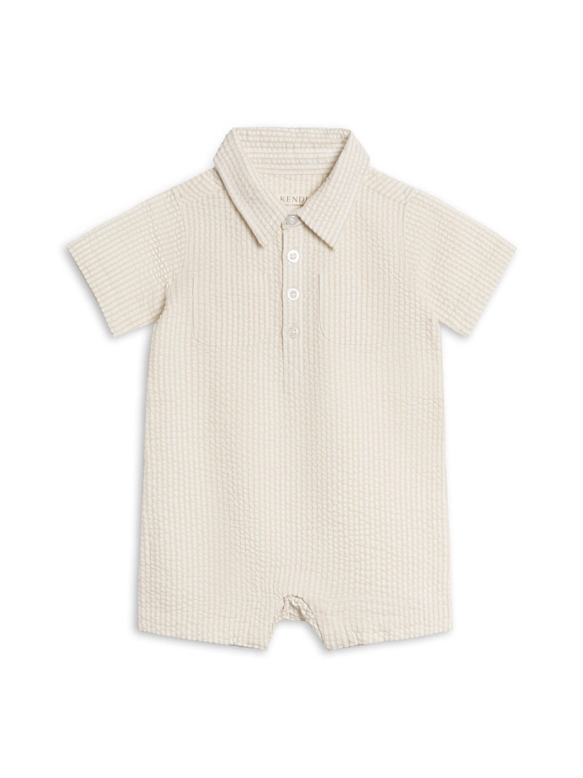 Mato Seersucker Collared Romper - Dune Stripe
