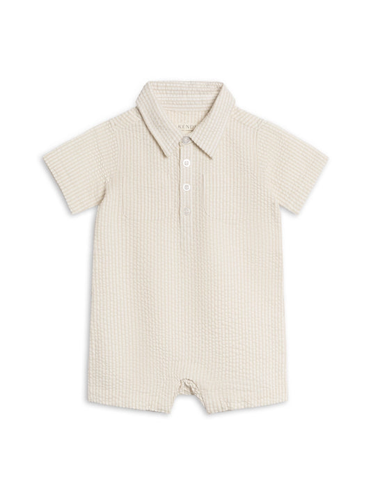 Mato Seersucker Collared Romper - Dune Stripe