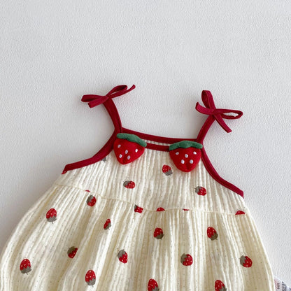 Baby Girls Strawberry Waffle Romper Red Bow Straps