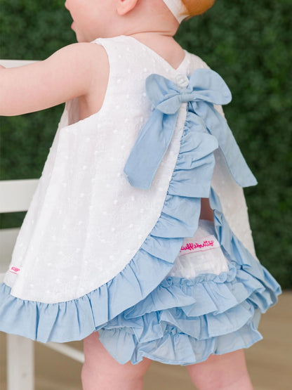 Baby Girls White & Light Blue Swiss Dot Swing Top & Bloomer Set