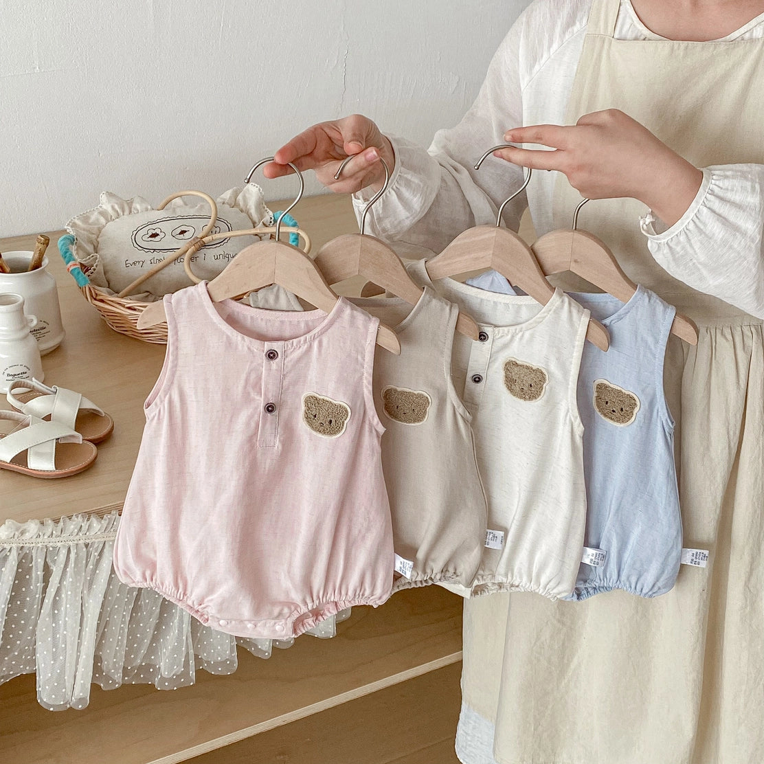 Cute Sleeveless Infant Romper Bear Embroidery Multi Colors