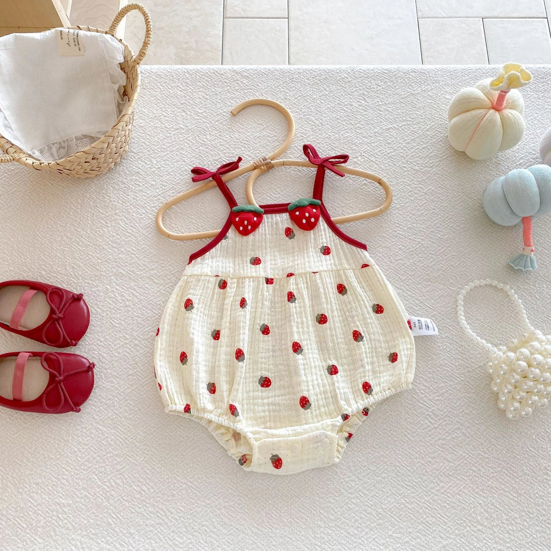 Baby Girls Strawberry Waffle Romper Red Bow Straps