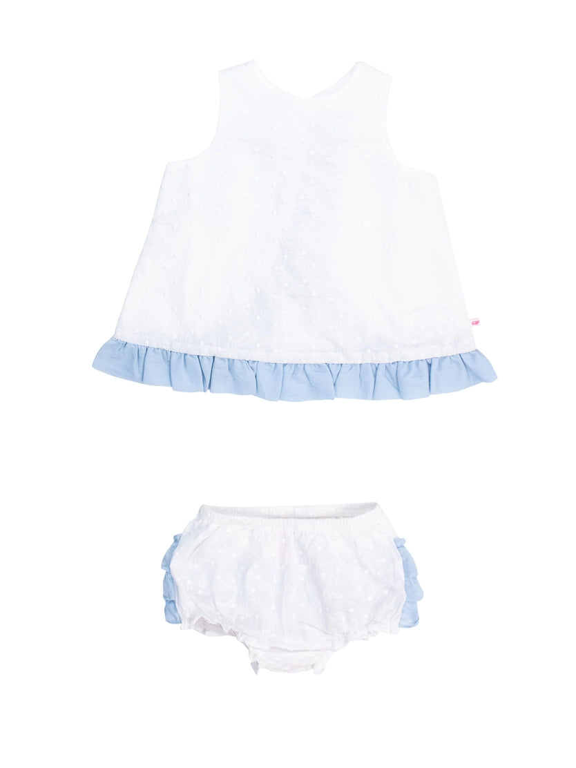 Baby Girls White & Light Blue Swiss Dot Swing Top & Bloomer Set