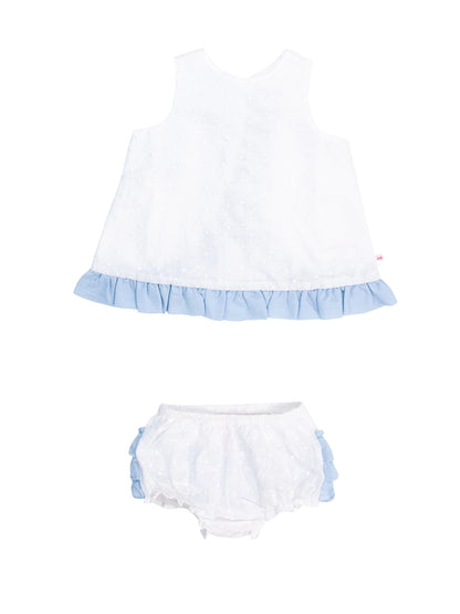 Baby Girls White & Light Blue Swiss Dot Swing Top & Bloomer Set