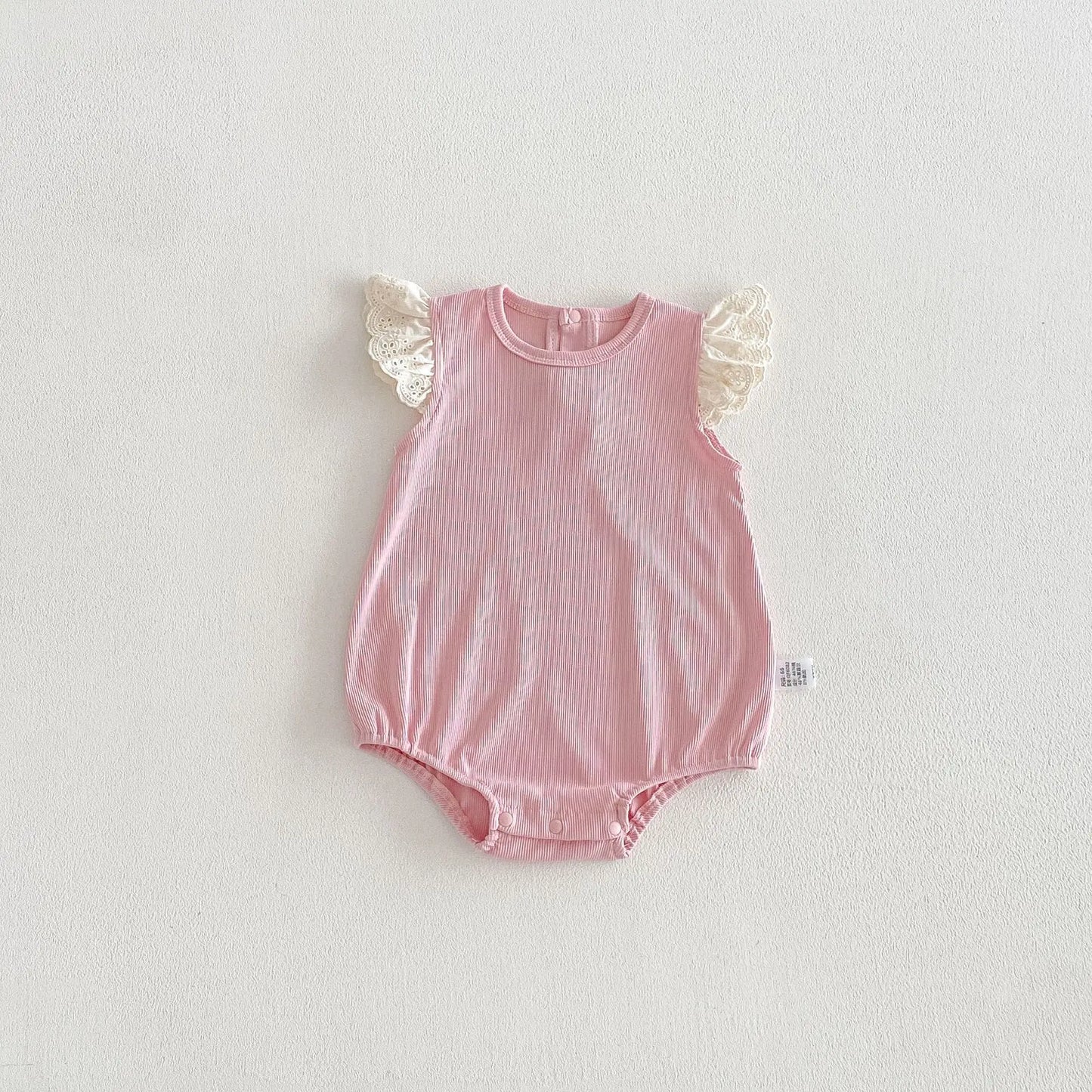 Baby Girl Sleeveless Bodysuit White Pink Lace Ruffle Sleeves