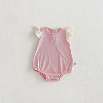 Baby Girl Sleeveless Bodysuit White Pink Lace Ruffle Sleeves